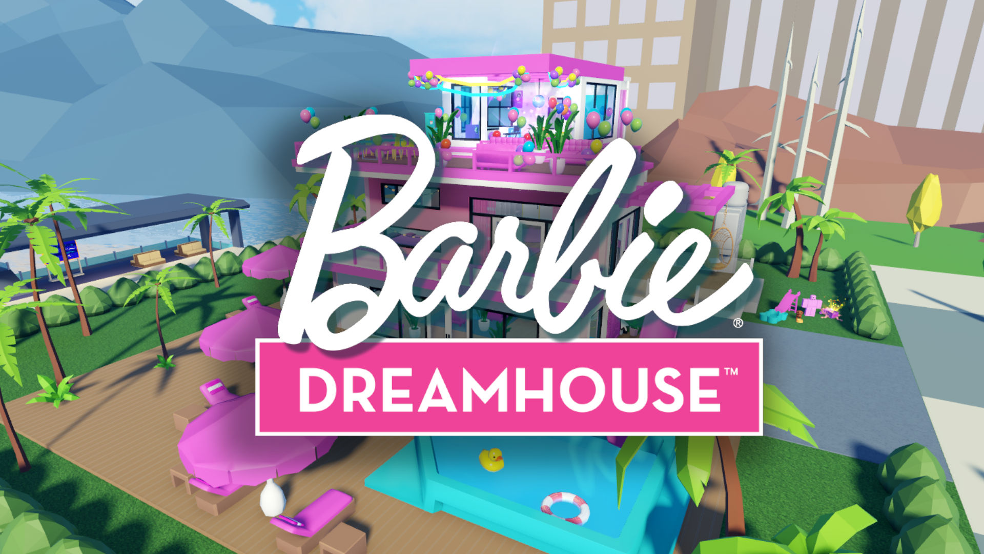 Official artwork of the Roblox Barbie Dreamhouse with pink top deck and big blue pool
