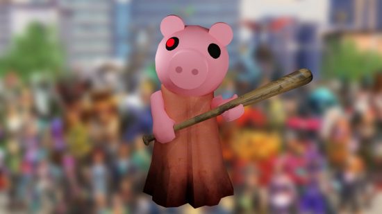 A pig with a baseball bat stands in front of a blurred background in art for Roblox horror games.