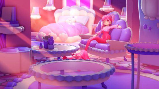Roblox Innovation awards: A screenshot from the Roblox game Mermaid Life shows a mermaid version of a Roblox avatar spread out on a sofa in a room filled with pink furniture