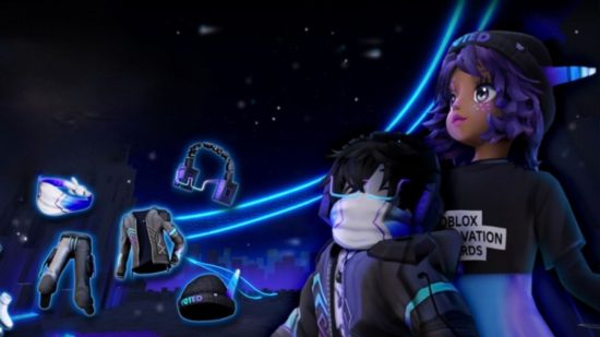 Roblox innovation awards 2023 header showing two characters on the right and various items of clothing superimposed over a black and blue space-style background on the right. The characters are sort of Playmobil-esque, one with a mask and space age clothes all over, the other in a beanie with a faraway look and a t-shirt with the awards' logo on it.