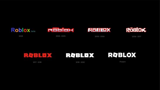 Seven Roblox logos with their dates beneath them, from 2004 all the way to 2022.