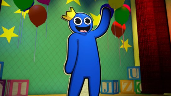 Screenshot from Roblox Rainbow Friends game with Blue waving