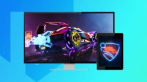 Rocket League wallpapers: Two Rocket League wallpapers, one showing a car on a desktop screen and the other showing a neon logo on a tablet screen, pasted on a blue Pocket Tactics background
