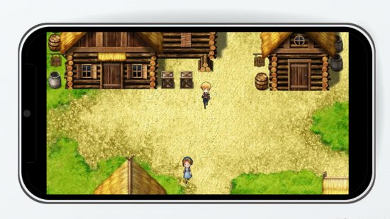 artists impression of a RPG Maker Unite smartphone export game running on mobile with a person stood in a in-game village