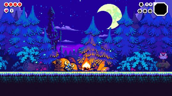 Shovel Knight Dig review: Shovel Knight sleeps by a dimly lit fire at night