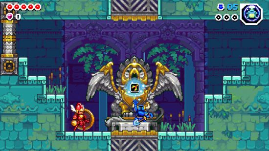 Shovel Knight Dig review: Shovel Knight appears in front of a gigantic statue of a griffin