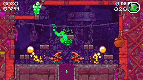 Shovel Knight Dig review: Shovel Knight uses a green magical ability to blast through a red area filled with wizards