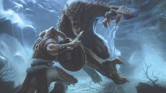 Art for Skyrim maps showing a soldier going up against a large, fantastical beast in a snowy setting. The soldier wields a sword and shield in a horned helmet and studded armour, while the beast is like a werewolf with more of an ogre's head.