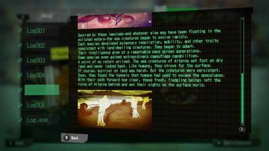 Text from a Splatoon 3 Alterna Log alongside a picture of strange sea creatures on land