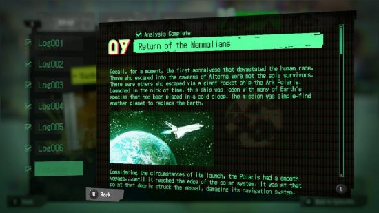 Text from a Splatoon 3 Alterna Log, alongside a picture of a rocket leaving a planet.