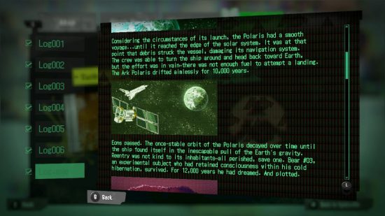 Text from a Splatoon 3 Alterna Log, alongside a picture of a rocket heading towards a planet