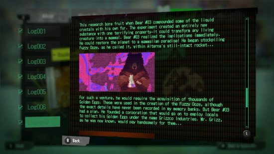 Text from a Splatoon 3 Alterna Log, alongside a picture of a bear