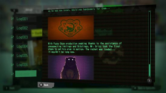 Text from a Splatoon 3 Alterna Log, alongside a picture of a bear.