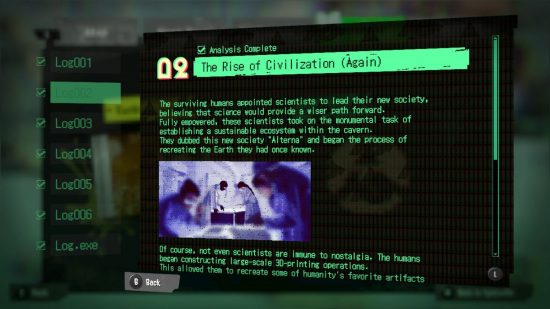 Text from a Splatoon 3 Alterna Log alongside a picture of scientists