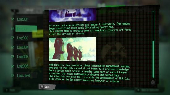 Text from a Splatoon 3 Alterna Log alongside a picture of easter island heads.