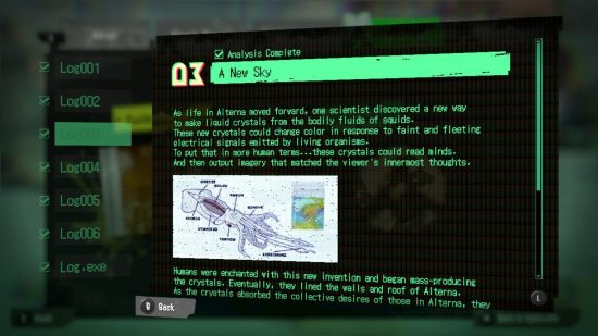 Text from a Splatoon 3 Alterna Log alongside a picture of the anatomy of a squid