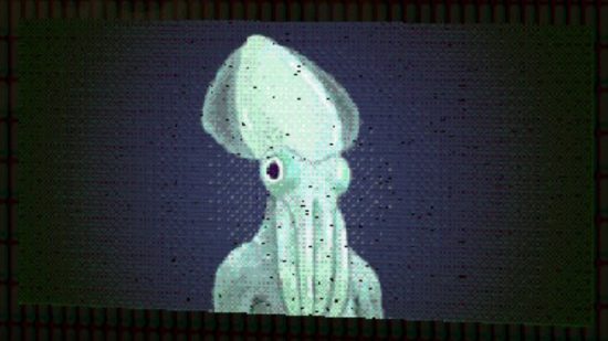 A picture from a Splatoon 3 Alterna Log showing a strange humanoid witha squid head