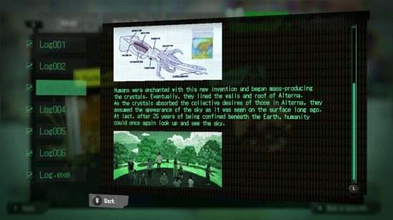 Text from a Splatoon 3 Alterna Log alongside a picture of the anatomy of a squid