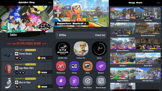 Various screenshots from the Splatoon 3 app, showing theshop where you can buy gear, the main menu with various options, and the maps available.