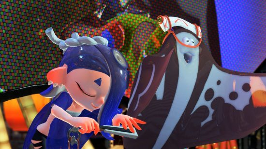 Shiver and Big Man from Splatoon 3. Shiver is a squid-like character with a blue outfit, bowing with a hand-fan in her hand. Big man is a large manta ray, silly grin on his cartoon face.
