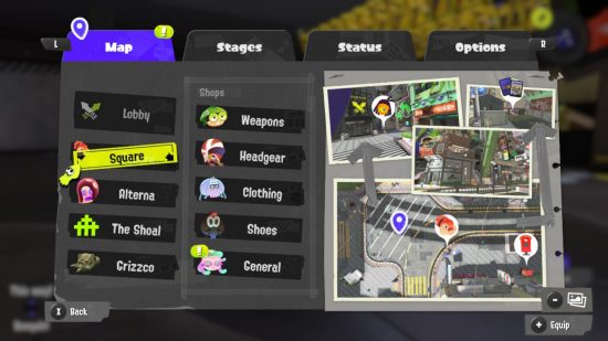 The Splatoon 3 menu showing different shops you can visit.