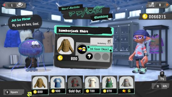 The Splatoon 3 shop Haut Couture where you can buy tops. On the left is abulbous-headed sea creature dressed smartly. On the right the player character in casual clothes. In the middle is the item currently selected, below it are other items you can buy.