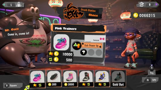 The shoe shop where you can buy Splatoon 3 gear. On the right is the player character in casual clothes. On the left is a large lobster type man. In the middle is a currently selected item, below it are other buyable items.