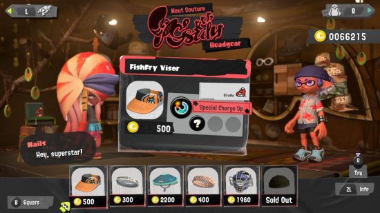 The headgear shop in Splatoon 3 where you can buy hats. On the right is the player character dressed in casual stylish clothes. On the left is a shrimp humanoid character. In the middle is the item currently selected, below it are other buyable items.