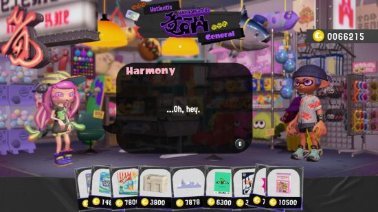 The Hotlantis shop where you can buy Splatoon 3 gear. On the left is a strange person with pink hair and gum hanging out of there mouth wearing very vibrant clothes. On the right is a character with bluehair and casual clothes on. In the middle is a speach bubble saying 'oh, hey', below are menu options to buy stuff.