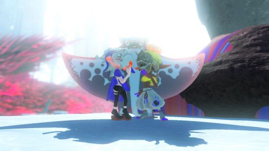 A screenshot from Splatoon 3 showing a large manta ray stood behind two characters with masks covering their faces.