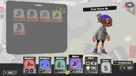 The Splatoon 3 gear customisation menu, showing a character on the right with blue hair and a big jumper on, next to various menu options for changing gear.