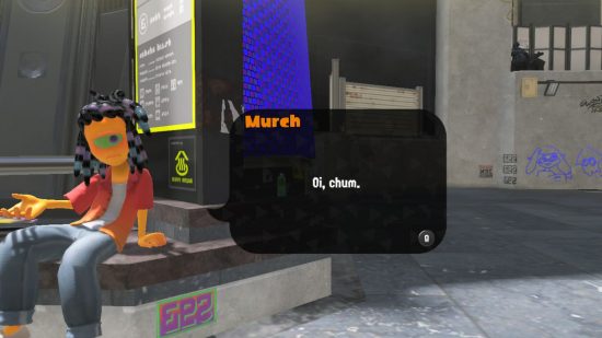 Murch, who can alter your Splatoon 3 abilities, saying 'oi chum'. He's a teenage-styled one-eyed fish humanoid, with orange skin, red top, and blue jeans. 