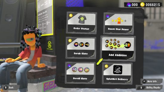Murch, who can alter your Splatoon 3 abilities, lounging next to the menu options to do just that.. He's a teenage-styled one-eyed fish humanoid, with orange skin, red top, and blue jeans. 