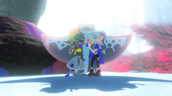A screenshot from Splatoon 3 showing a large manta ray stood behind two characters with masks covering their faces.