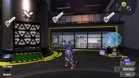 Splatoon 3 lockers: A Splatoon 3 screenshot shows a player standing in the multiplayer lobby, between a gacha machine and the multiplayer pod 