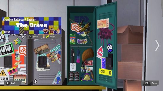 Splatoon 3 lockers: a splatoon 3 screenshot shows a llarge green locker filled with interesting items 