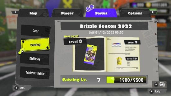 Splatoon 3 lockers: a Splatoon 3 screenshot shows a catalogue open, with several things to unlock