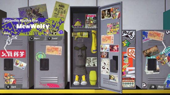 Splatoon 3 lockers: A Splatoon 3 screenshot shows a locker open and filled with interesting items 