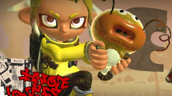 A Splatoon 3 character in a yellow coat holding out a strange sea creature with a large mouth and whiskers.
