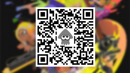 A Splatoon 3 QR code with a cartoon sea-creature in the middle, in front of a blurred yellow, red, and pink background.