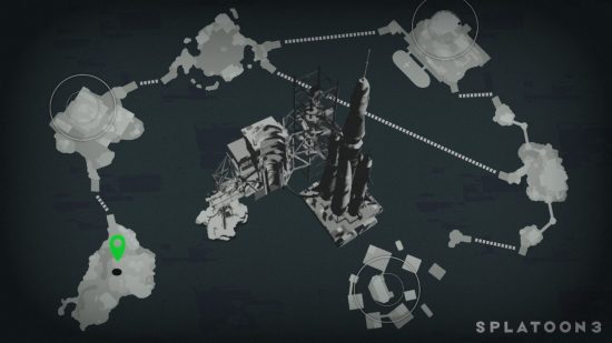 A screenshot from Splatoon 3 showing showing a black-and-white map, made up of six islands around a central structure with a rocket it on it.