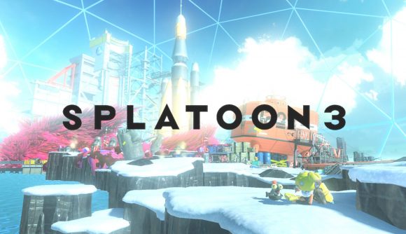 A screenshot from Splatoon 3 showing a blurred landscape with a rocket poking out of it with a futuristic Splatoon 3 logo over the top.