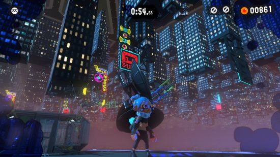 A screenshot from Splatoon 3 showing the player character - a squid-like human-shaped thing with blue tied up hair - stood on a platforming, looking up at a night sky made up of upside-down skyscrapers stretching out from some invisible place in the sky.