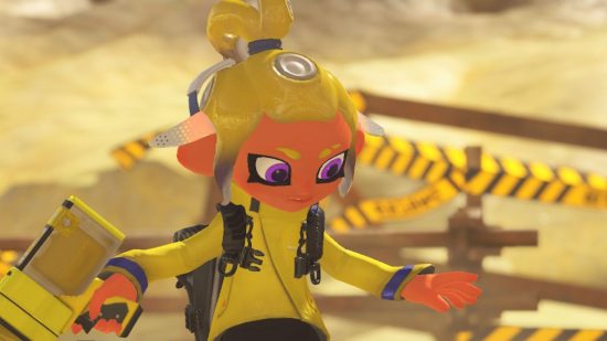 A screenshot from Splatoon 3 showing the player character - a squid-like human-shaped thing with yellow tied up hair wearing a yellow outfit and looking a tad confused.