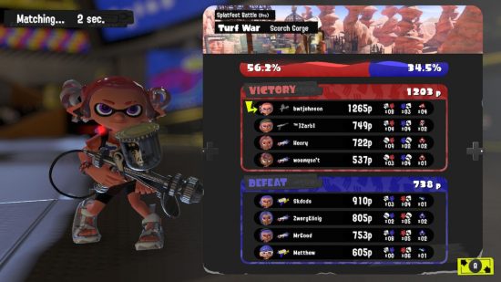A screenshot from Splatoon 3 showing the end of a match, with the player character on the left and various menu options on the right.