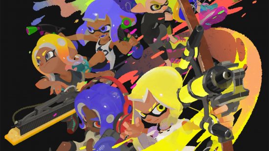 Art for Splatoon 3 showing various characters from the game with colourful purple and yellow hair wielding various weapons in a collage-like arrangement.