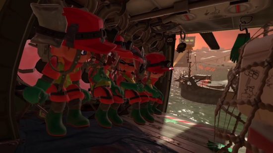 Four characters dressed in orange rubbery outfits sat in a helicopter with a stage outside the door in the distance in a screenshot from Splatoon 3 Salmon Run.