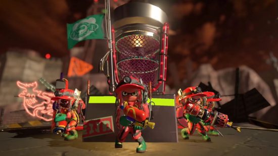 Four characters in orange rubber outfits like their fishermen stand in front of a tall basket in a screenshot from Splatoon 3 Salmon Run.