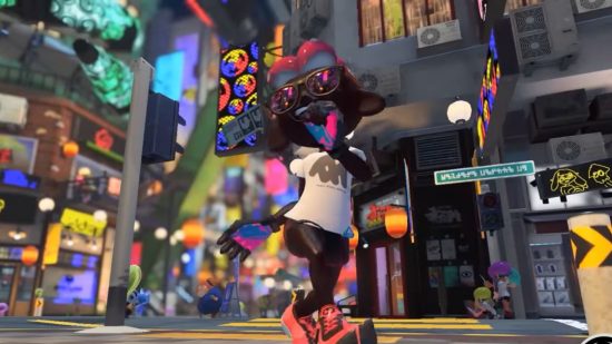 A Splatoon character dancing in a nighttime city full of vibrant lights -- they have a white t shirt and orange shoes on.