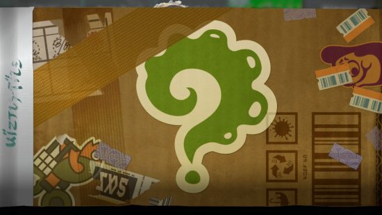 The front page of the Splatoon 3 Sunken Scrolls booklet, showing a large tentacle in the shape of a question mark.
